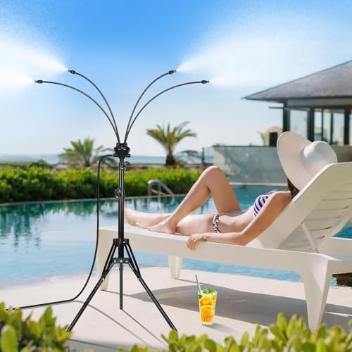 Rafow Standing Misters for Outside Patio - Adjustable Height 3.6-5.2FT Misting System Line 26.5FT Portable Water Misters for Cooling Outdoor with Tripod Base Stand Mister for Backyard Pool BBQ Party by Rafow