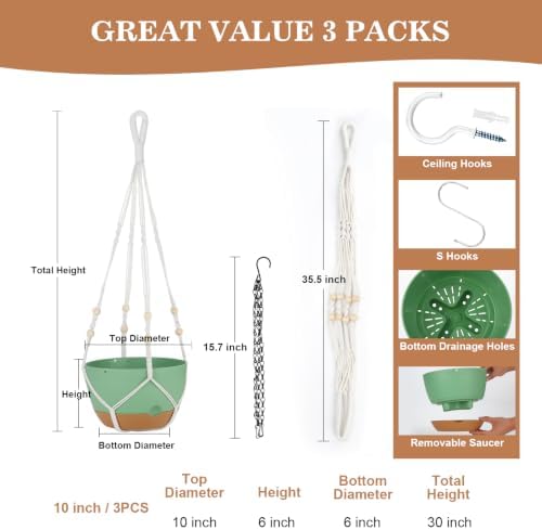 3 Pack Hanging Planter for Indoor Plants, 10inch Self-Watering Hanging Plant Pot, Macrame Plant Hanger with Pot, Chain, S & Ceiling Hooks, Removable Saucer and Drainage Holes for Garden Home - Green - Image 2