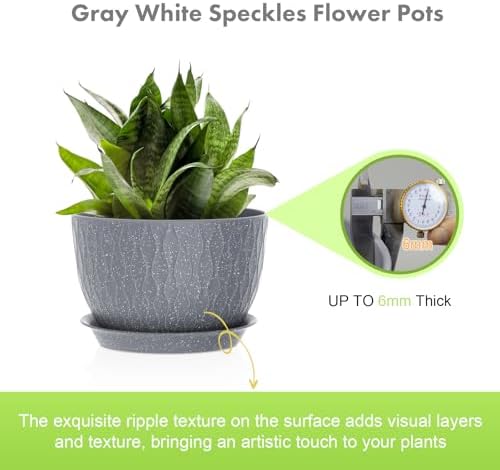 Meowell Large Flower Pots 12/10/9 inch, 3 Set Big Plant Pots for Outdoor Indoor Plants with Water Ripples, Wide Plastic Planters with Drainage Holes and Saucers for Garden House Plants, Speckled Grey - Image 3