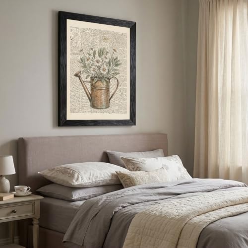 Framed Canvas Wall Art Vintage Mixed Media Watering Can Daisies Muted Watercolor on Newspaper Canvas Print Poster Black Frame Wall Decor for Living Room Cottagecore Art, Rustic Decor - 12x16 Inch - Image 6
