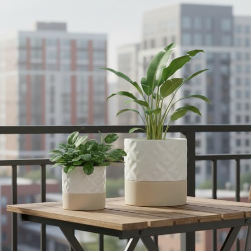 Nihow Self Watering Plant Pot for Indoor Plants: 4.5+6 Inch Ceramic Planter with Drainage Hole & Water Storage Plus - Cylinder Flower Pot with Wick for Herbs - Matte White & Brown Star - Image 7