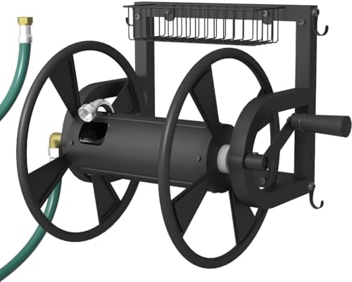 Artigarden Outdoor Wall Mounted Hose Reel with Hook, Garden Heavy-Duty Water Holder Winder with 3.9 ft Leader Hoses, Brass Fitting and Storage Basket for Yard, Holds 125 Ft of 5/8-Inch Hose, Black by Artigarden