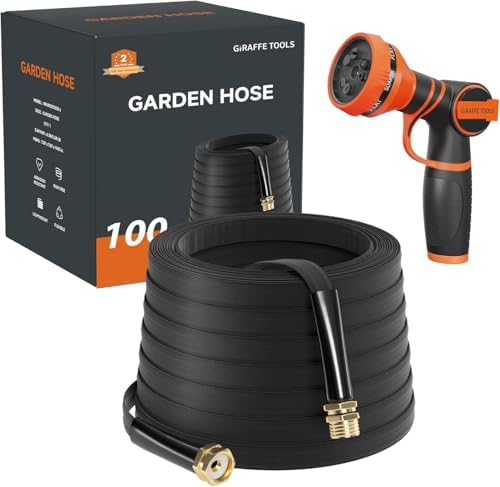 Giraffe Tools 100FT Garden Hose, Ultra-Lightweight & Lay-Flat Design, Anti-Kink Flexible Water Hose with 9-Pattern Multi-Function Spray Nozzle, Heavy-Duty Leak-Proof, Black by GiraffeTools
