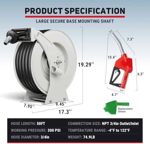 Fuel Hose Reel 3/4" x 50', Retractable Diesel Reel with Fueling Nozzle - Image 5