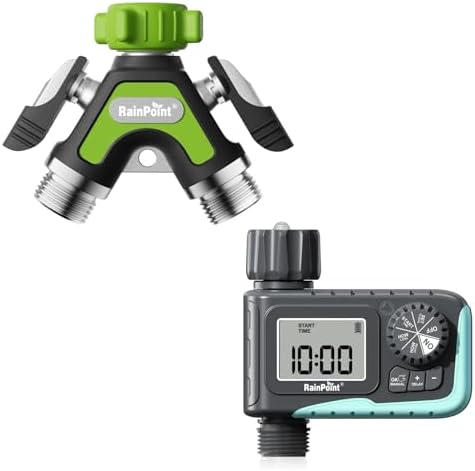 2 Way Hose Splitter with Sprinkler Timer - Dual Programmable Water Timer, Automatic Irrigation System, Anti-Leak Outdoor Faucet Connector for Lawn & Garden by RainPoint