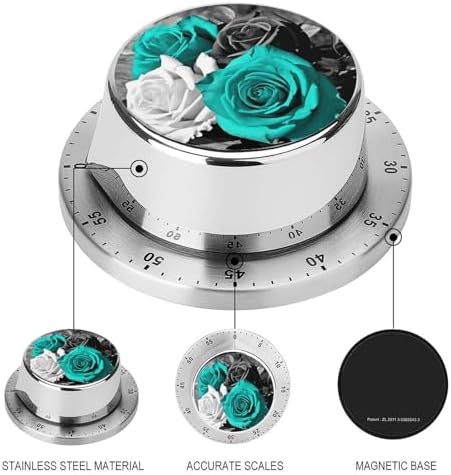 Mechanical Kitchen Timers for Cooking,Black White Teal Rose Printed 60 Minute Magnetic Countdown Timer,Cute Cooking Timers with Alarm,Stainless Steel Time Timer Manual No Batteries Required - Image 3