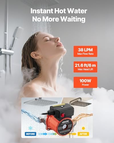 VEVOR Hot Water Recirculating Pump, 10 GPM, Instant Circulation Circulator Pump System, 3-Speed Control, 0.13 HP, 110-120V, NPT 3/4 in to NPT 1/2 in Adapter, Stainless Steel Head, for Water Heaters - Image 2