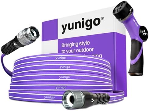 SERENITY 50ft Flat-to-Round Purple Garden Hose – Lightweight, No-Kink, Abrasion-Resistant TPV Hose with Durable Aluminum Couplings, Spray Nozzle & Hose Mender, Ideal for Home & Garden Watering by Yunigo