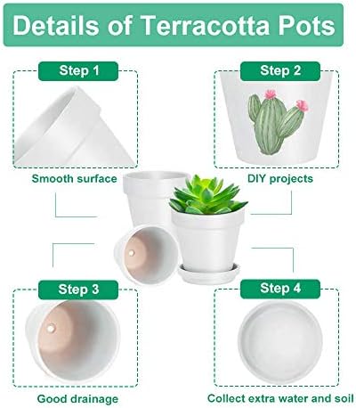 vensovo 4 Inch White Terracotta Plant Pots with Saucer - 6 Pack Clay Flower Pots with Drainage, Great for Plants, Crafts, Wedding Favor - Image 4