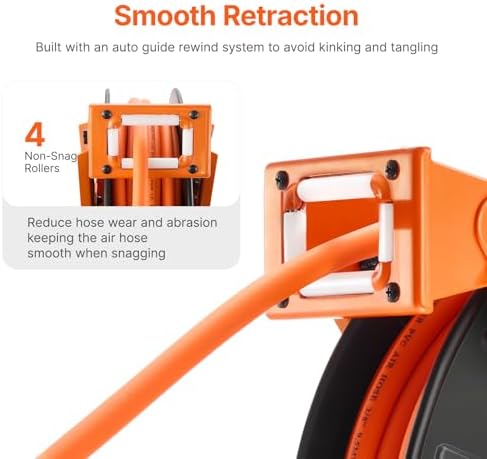 VEVOR Retractable Air Hose Reel with Double Arms, 3/8 IN x 65FT Hybrid Air Hose Max 300PSI, Air Compressor Hose Reel with 5FT Lead in, Ceiling/Wall Mount Heavy Duty Steel Reel for Workshop Garage - Image 4