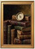 Gold Vintage Framed Antique Books and Compass Wall Art Print by Unknown