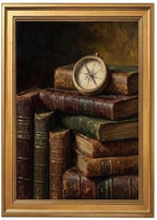 Gold Vintage Framed Antique Books and Compass Wall Art Print by Unknown