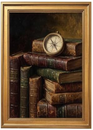 Gold Vintage Framed Antique Books and Compass Wall Art Print by Unknown