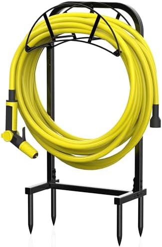 Suchek Garden Hose Holder, Upgraded 4 Spikes Water Hose Holder, Heavy Duty Hose Stand Holds 150ft Hose, Freestanding Hose Hanger, Hose Storage Organizer for Outside Yard Lawn (Black) by S+SUCHEK