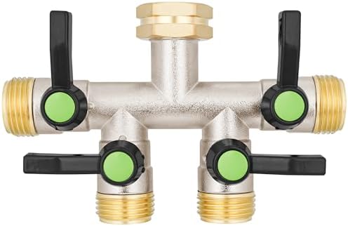 4 Way Hose Splitter, Brass High Flow Garden Hose Splitter Heavy Duty, Hose Connector, Water Spigot Splitter, Full Flow Faucet Splitter with shutoff, 3/4” GHT Inlet by DINGBAI