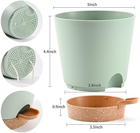 Plant Pots 6 PCS 5 inch Self Watering Planters High Drainage Flowers Pot for Indoor Outdoor Plants with Reservoir Tray and Watering Lip Gardening Planter Garden Flower Pots, Green (Pack of 2) - Image 3