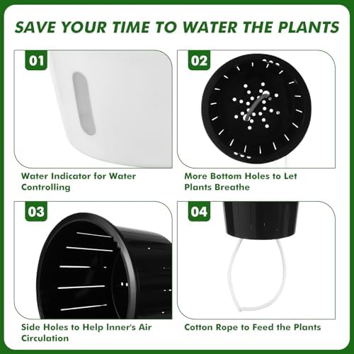 Planterhoma 5 Inch Self Watering Pots for Indoor Plants, 12 Packs Self Watering Planters for Orchid, Spider Plant, Devil's Ivy & African Violet, Water Indicator & Black Wick Pots, White/Black - Image 6