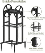 Freestanding Garden Hose Reel holds 125ft Hose of 5/8" with 4 Hooks, 4-Spike Outdoor Hose Holder with 3.9ft Leader Hose & Brass Fitting, Detachable Metal Hose Stand with Storage Rack, Black - Image 5