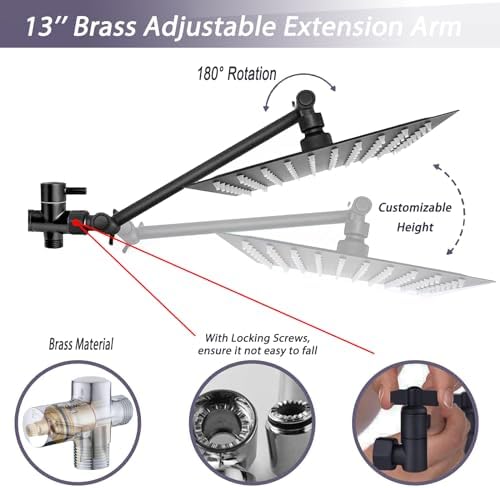 12" High Pressure Square Rain Shower Head and 2-in-1 Hand Shower, Rainfall Showerhead with 13" Shower Arm, Equipped with 78" Hose, Adhesive Shower Head Holder (Square Shower Head Set Black) - Image 4