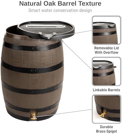 RTS Home Accents Premium 55-Gallon Rain Barrel with Removable Lid, Flat Back Rain Water Collection Barrel, Stand Included, Woodgrain with Black Stripes - Image 4