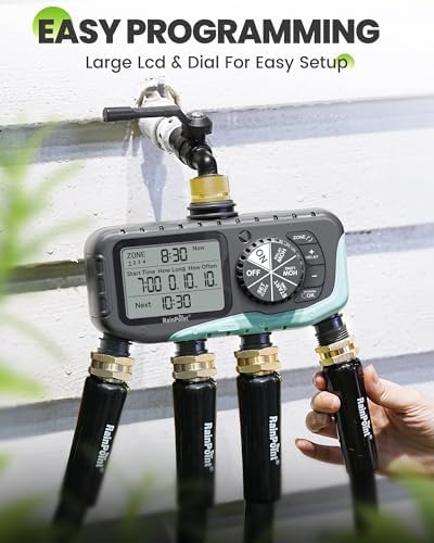 RAINPOINT Sprinkler Timer, 4 Outlets Hose Timer with Brass Inlet with Rain Delay/Manual/Automatic Controller System, Programmable Digital for Lawn Yard, 4 Zone (Sky Blue, 4 Outlets) - Image 4
