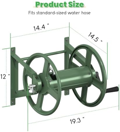 Garden Hose Reel Wall Mounted, Heavy-Duty Water Hose Holder Winder with 3.9 ft Leader Hose & Brass Fitting, Hose Hanger Storage Rack Holds 125-Feet of, 5/8-Inch, for Yard Lawn Farm, Green - Image 3