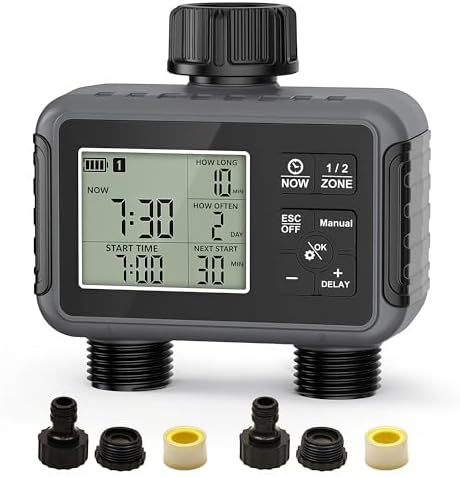 Sprinkler Timer 2 Zone, IPX5 Waterproof Programmable Water Hose Timer with Rain Delay, Child Lock, Manual Watering for Outdoor Automatic Irrigation for Garden, Lawn, Yard (AA Batteries Not Included) by iToolMax