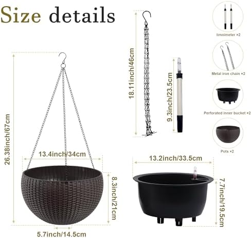 13.4 inch Self-Watering Hanging Planters, 13.4 Inch, Brown, 2 - Image 6