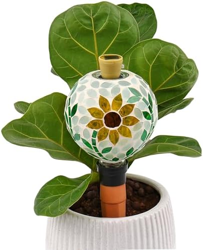 VOREEN Mosaic Plant Watering Globe with Terracotta Spike,Self-Watering Irrigation for Potted Plants,Sunflower-Inspired Mosaic with Solar Accent Light, Indoor & Outdoor Décor, 17oz by VOREEN