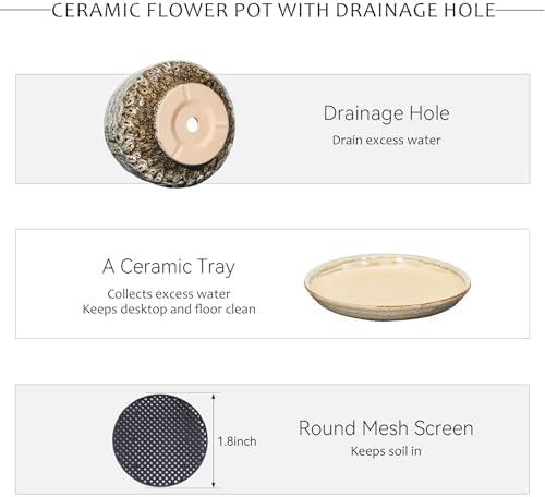 7.5 Inch Ceramic Planter with Saucer,Modern Garden Pots with Drainage Hole Mesh Net, for Indoor Outdoor Use(Speckle White) - Image 4