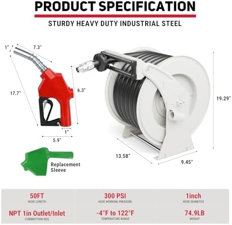 Diesel Fuel Hose Reel 1" x 50', Retractable with Nozzle - Image 2