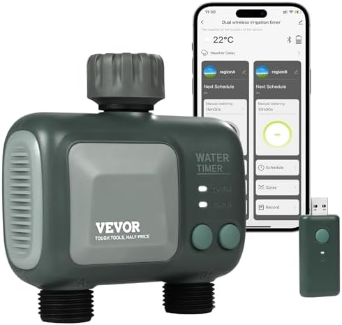 VEVOR Sprinkler Timer WiFi Water Timer, 2 Outlets, Smart Hose Faucet Water Timer with Brass Inlet, APP Remote Control via 2.4Ghz WiFi or Bluetooth, Voice Control, IPX6 for Garden, Yard Watering by VEVOR