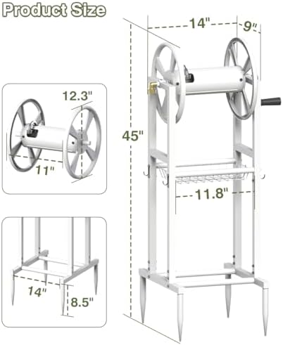 Freestanding Garden Hose Reel holds 125ft Hose of 5/8" with 4 Hooks, 4-Spike Outdoor Hose Holder with 3.9ft Leader Hose & Brass Fitting, Detachable Metal Hose Stand with Storage Rack, White - Image 4