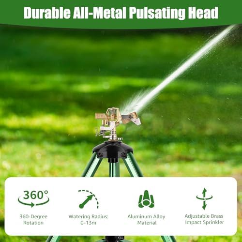 Heavy-Duty Brass Impact Sprinkler with Adjustable Tripod Base, 360 Degree Rotation, Green, 16-37 Inch Height, 0-43 Feet Coverage for Lawn and Garden Irrigation - Image 7