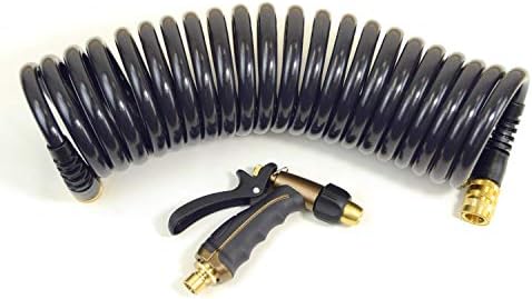 Hose Kit: 1/2" ID x 25' HP Quality Coiled Hose (Charcoal Gray) with Metal Body Spray Nozzle and Brass Quick Release Swivel Connector by OlmstedForgeGardenTools