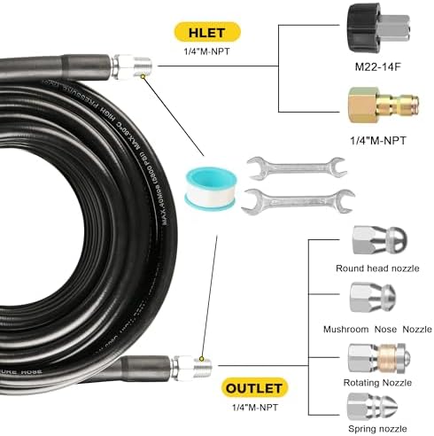 Pressure Washer Drain Jetter – Sewer Jetter Kit for Pressure Washer 200ft 1/4 Inch NPT Hose Nozzles and Adapter 5800PSI Clears Clogs in Pipes & Sewer Lines - Image 2