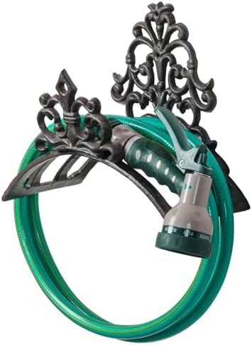MyGift Wall Mounted Garden Hose Holder, Decorative Vintage French Floral Scrollwork hose Reel Hanger, Dark Coffee Cast Iron Water Hose Storage Rack - Image 4
