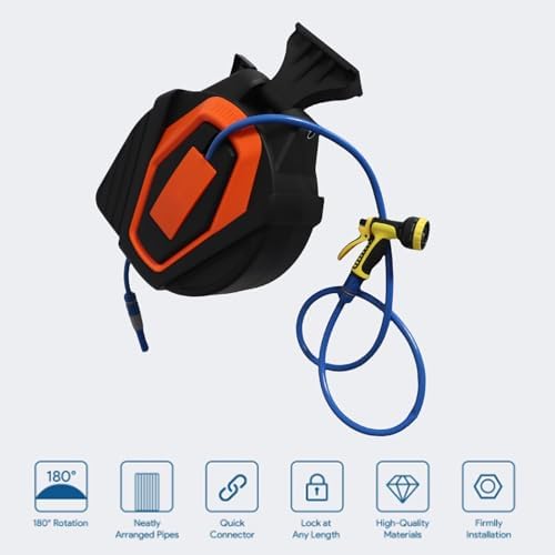 Wall Mounted Water Hose Reel with 10 Pattern Nozzles 1/2 Inch ID 180° Swivel Bracket Automatic Rewind Any Length Lock Retractable Garden Hose Reel - Image 6
