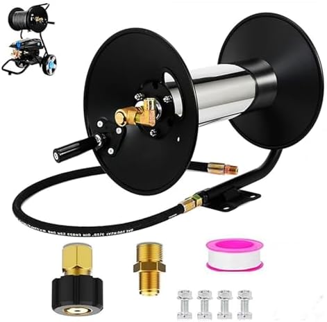 100FT Power Washer Hose Reel 3/8" NPT Outlet Pipe Heavy Duty Steel High Pressure Washer Reel 4000 PSI with Hand Crank Swivel Arm by Unknown