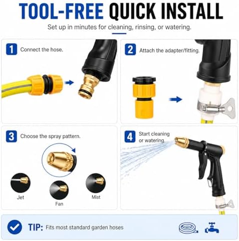2026 New Multifunctional Car Wash Tool,High Pressure Hose Nozzle for Garden Hose,Metal Power Washer Wand with 360° Adjustable Spray,Brass Connector Trigger Lock for Car Washing (1set+49FT(15m) Hose) - Image 5
