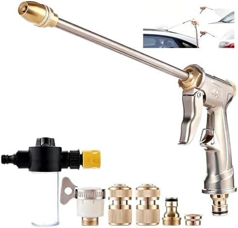Heavy-Duty High Pressure Metal Spray Gun – All-Metal Body Water Hose Nozzle with Universal Faucet Adapters, 360° Rotating Adjustable Spray Patterns for Car Washing, Gardening & Pet Bathing (silver) by Qacksv
