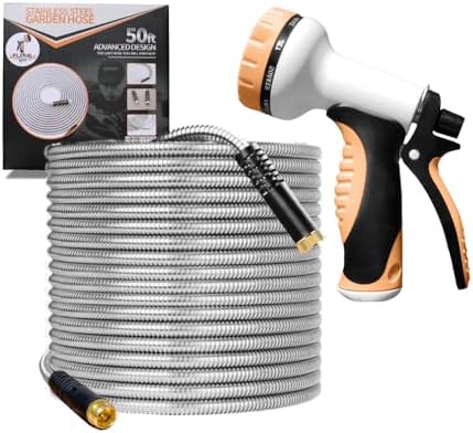 Garden Hose 100 FT, Metal Stainless Steel Water Hose with 10 Function Nozzles, No Kinks, Flexible Hose, Lightweight, Puncture Proof, Heavy Duty Hose for Yard and Outdoor by Unknown