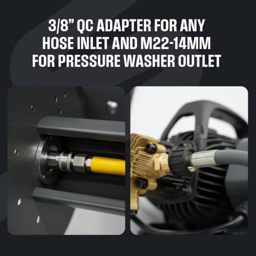 Active Hose Reel for Pressure Washer Hoses with 3/8” Female QC Adapter, 100ft Pressure Washer Hoses (3/8” or 5/16”). Included 2 ft jumper hose & M22-14mm adapter, 16” stud spacing mounting bracket - Image 6