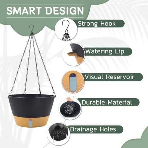 ZMTECH 12 Inch Hanging Planters for Indoor, 2 Pack Large Hanging Plant Pot with Visible Water Level and Chain, Self Watering Hanging Flower Pot for Outdoor Garden Porch(Dark Gray) - Image 3