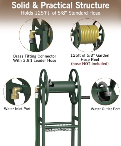 Garbuildman Ground Mount Garden Hose Reel Holds 125 Feet of 5/8-Inch with 3.9 ft Leader Hose, Brass Fitting, Water Hose Holder Stand with Storage Rack & 4 Spikes Base for Outdoor Lawn, Green - Image 2