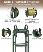 Garbuildman Ground Mount Garden Hose Reel Holds 125 Feet of 5/8-Inch with 3.9 ft Leader Hose, Brass Fitting, Water Hose Holder Stand with Storage Rack & 4 Spikes Base for Outdoor Lawn, Green - Image 2