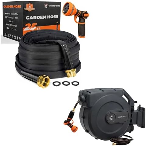 Giraffe Tools Garden Hose 25FT Lightweight Lay Flat Water Hose with AW505/8 Retractable Garden Hose Reel 5/8" x 115+5 ft by GiraffeTools