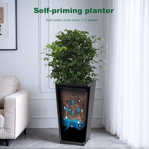 22" Tall Planters with Self Watering, 22 Inch, Black, Set of 2 - Image 3