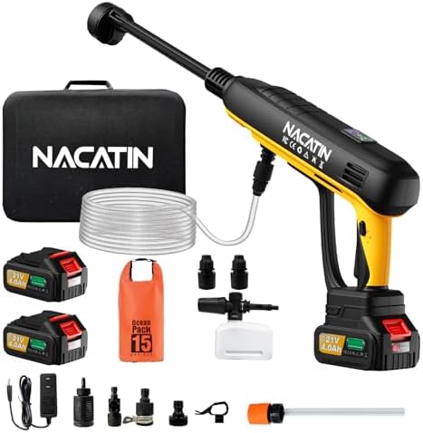 Cordless Washer, 3 Gear Brushless Washer for Car Washing, Patio, Fence, Driveway, Outdoor Cleaning, with 2 Batteries, 6 in 1 Nozzle, 6 Meter Hose, Tap Adapter by NACATIN
