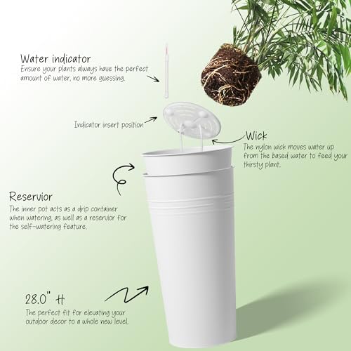 KOL 28'' Tall Galvanized Steel Planter Pot - Flower Pot with Water Level Indicator for Plants - 2-Pack Self Watering Planters - Round White Powder Metal Planter Box - Indoor Outdoor Grande Plant - Image 3
